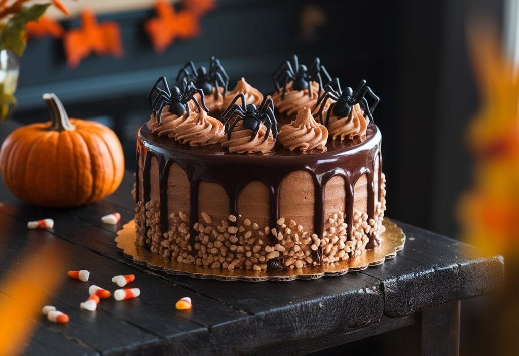 Halloween-themed chocolate cake with glossy ganache and festive candy decorations on a wooden table.