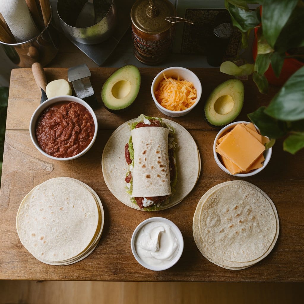 Ingredients for classic Honduran baleadas, including tortillas, beans, cheese, and avocado, arranged on a wooden table.