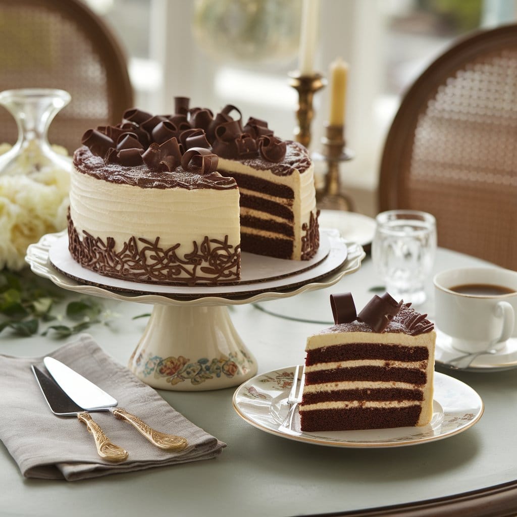 Grandma’s Devil Food Cake Recipe fully frosted, topped with chocolate curls and powdered sugar, served with coffee on a dessert plate.