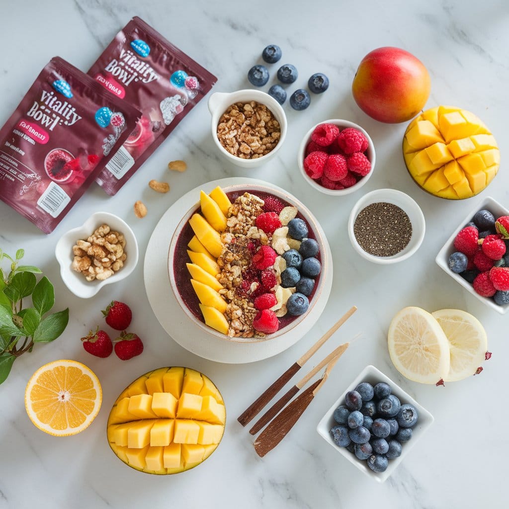 An assortment of fresh ingredients for vitality bowls, including fruits, granola, chia seeds, and nuts on a marble surface.