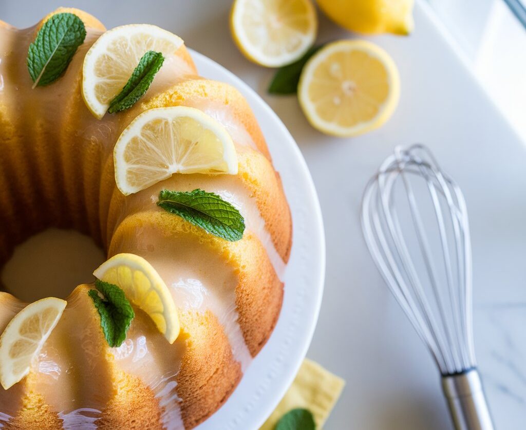 Golden lemon Bundt cake with a glossy lemon glaze, garnished with lemon slices and mint leaves on a white platter.