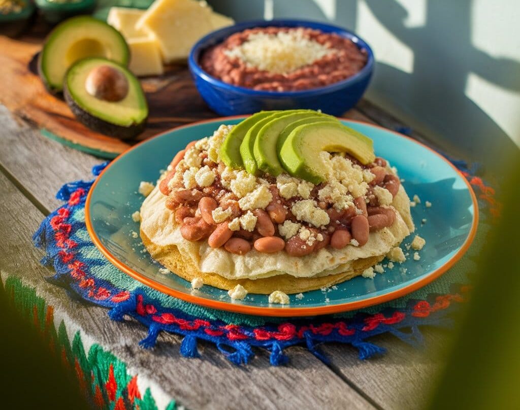 A classic Honduran baleada with beans, cheese, and avocado, served on a rustic wooden table with traditional decor.