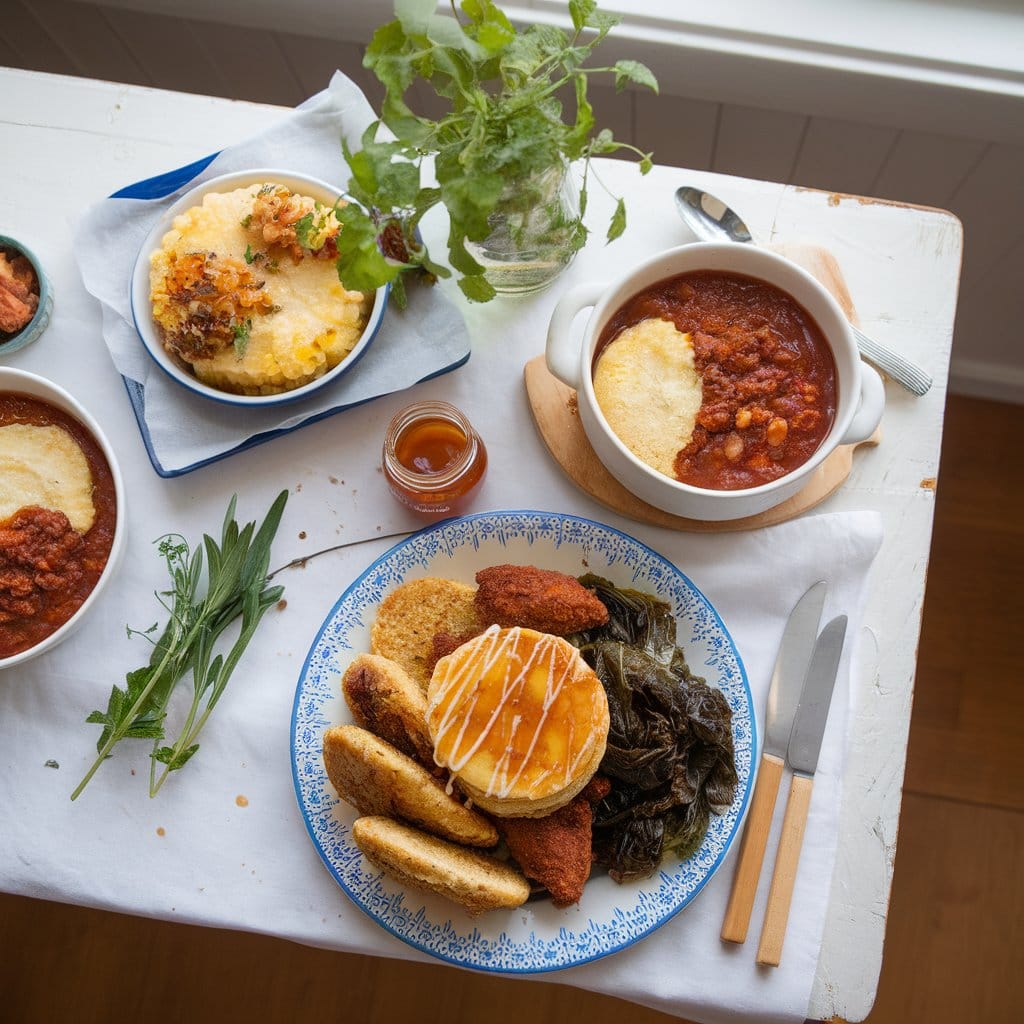 Hoe cakes topped with honey alongside fried chicken and greens, with corn pone served next to chili.
