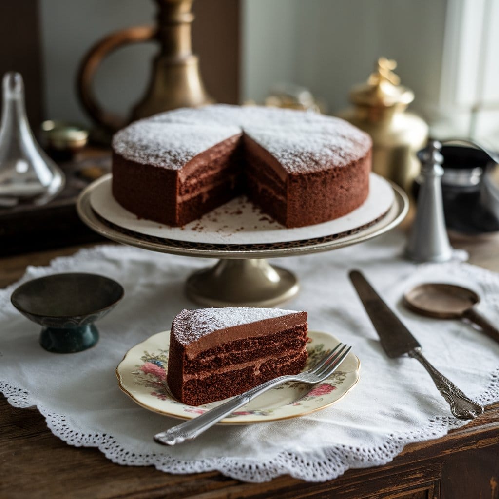 Freshly baked 1920's chocolate cake dusted with powdered sugar, served on a vintage cake stand and floral plate.