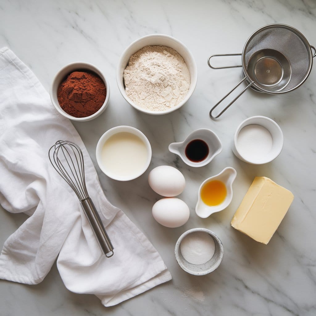 Ingredients for Grandma’s Devil Food Cake Recipe, including cocoa powder, flour, sugar, eggs, and buttermilk on a marble counter.