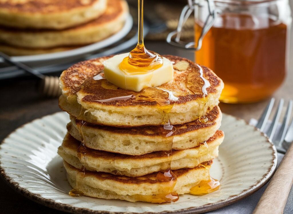 A stack of golden hoe cakes drizzled with honey and topped with butter, highlighting the recipe for hoe cakes.