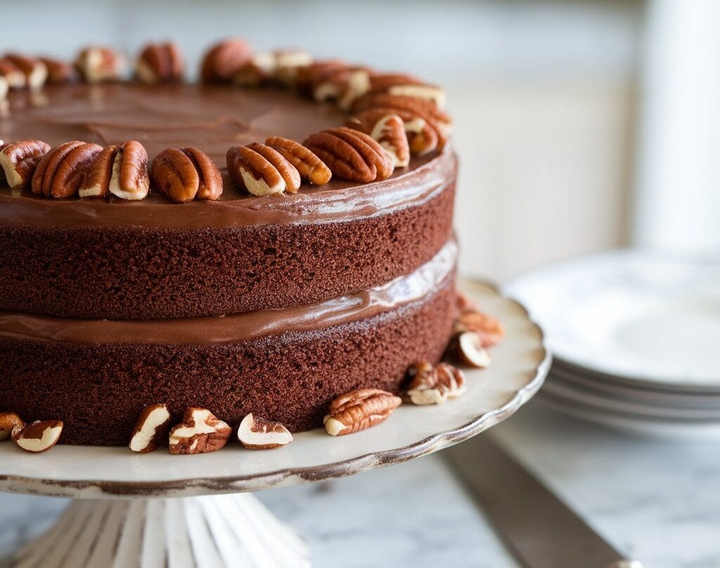 A three-layer Baker's German choc cake topped with coconut-pecan frosting, served on a vintage cake stand.