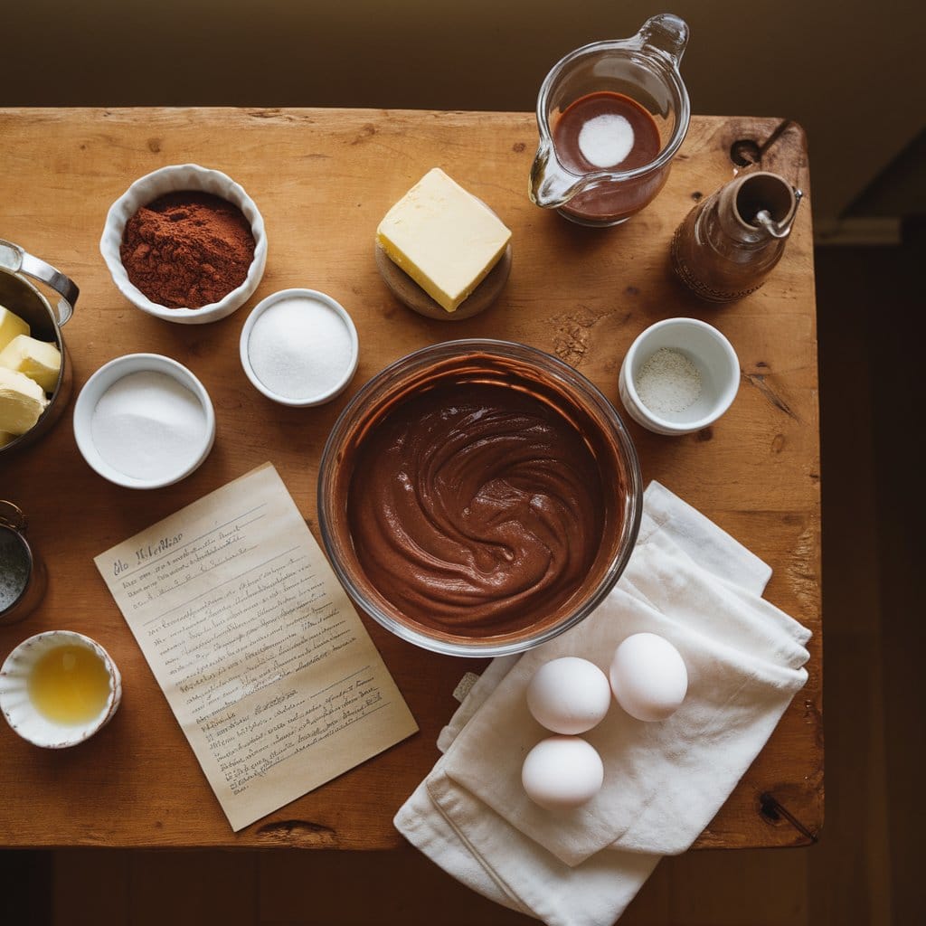 Ingredients for a 1920’s chocolate cake, including cocoa powder, butter, and sugar, arranged with a mixing bowl of batter.