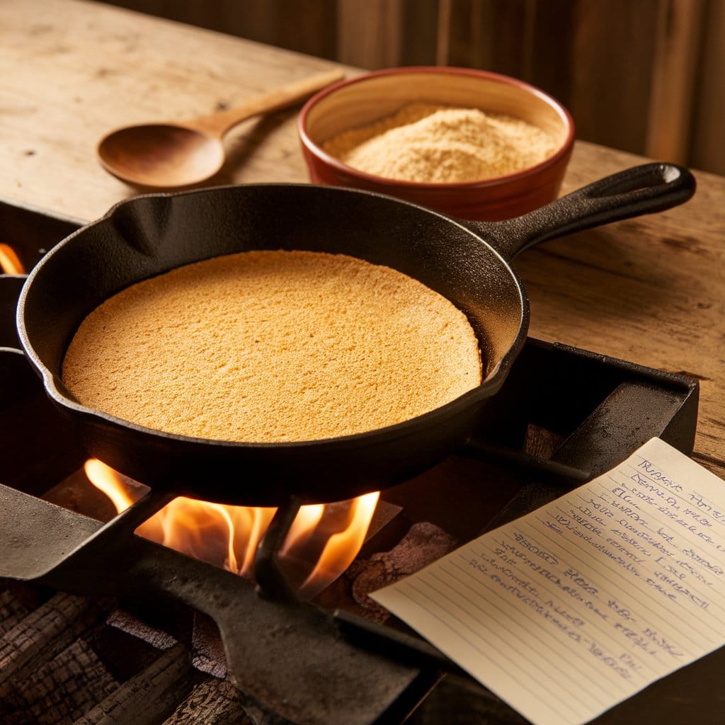 A cast iron skillet with a hoe cake cooking over an open flame, accompanied by cornmeal and a handwritten recipe card.
