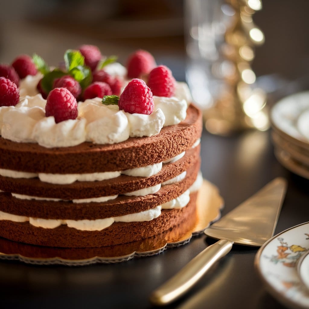 Layered chocolate cake topped with whipped cream, raspberries, and mint, with a gold serving spatula nearby