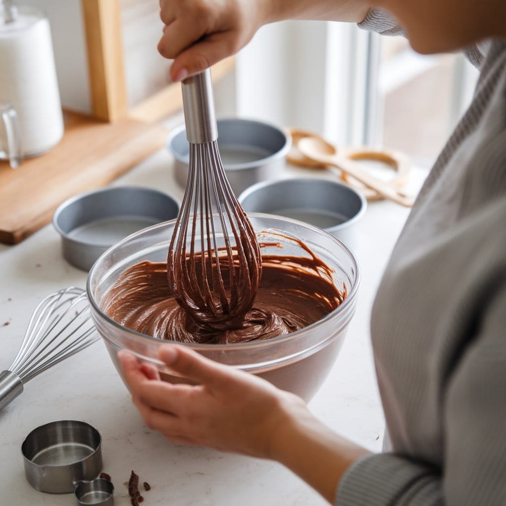 Mixing chocolate cake batter as part of the Baker’s German choc cake recipe, with pans ready for baking in the background.