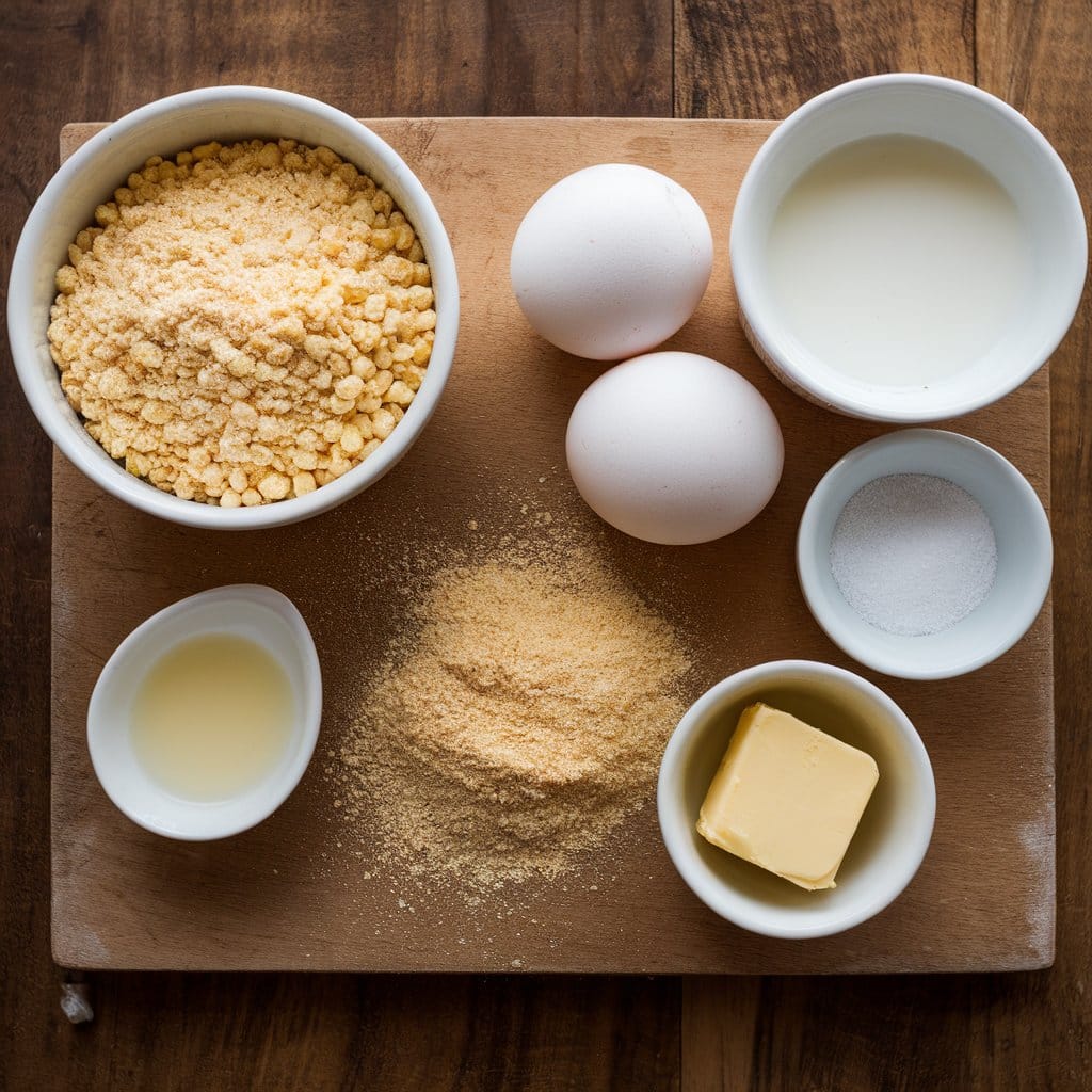 Essential ingredients for the recipe for hoe cakes, including cornmeal, milk, eggs, and butter, arranged on a wooden board.