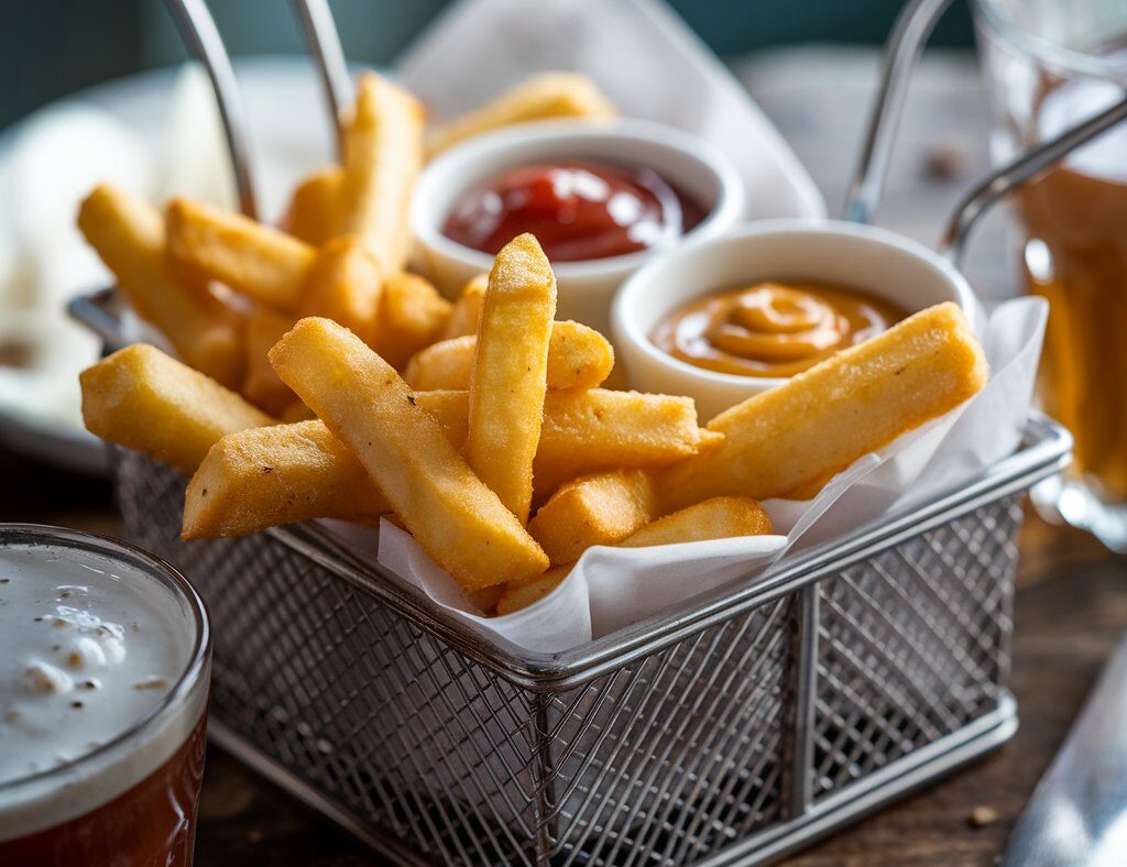 A basket of golden chicken fries with dipping sauces like ketchup and honey mustard on a rustic table.