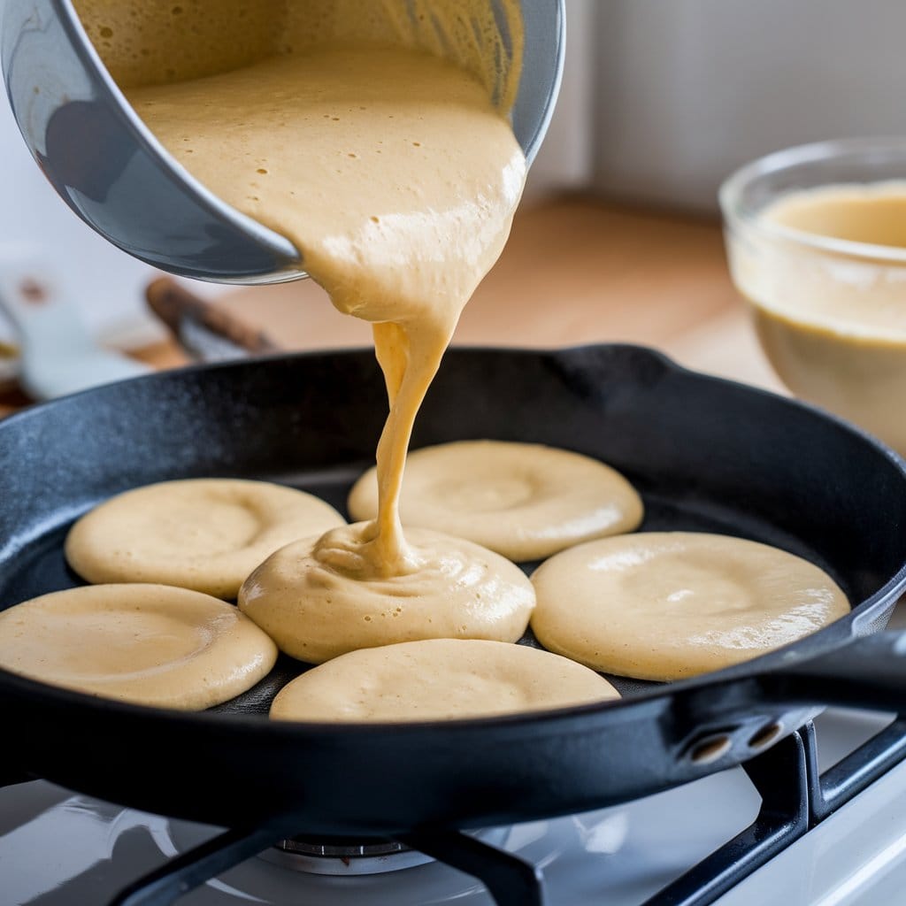 Cooking hoe cakes on a skillet as part of a step-by-step guide for the recipe for hoe cakes.