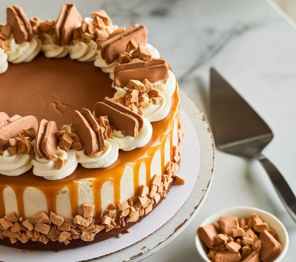 A freshly baked Butterfinger cake recipe featuring layers of chocolate, caramel drizzle, whipped cream, and crushed Butterfinger candy.