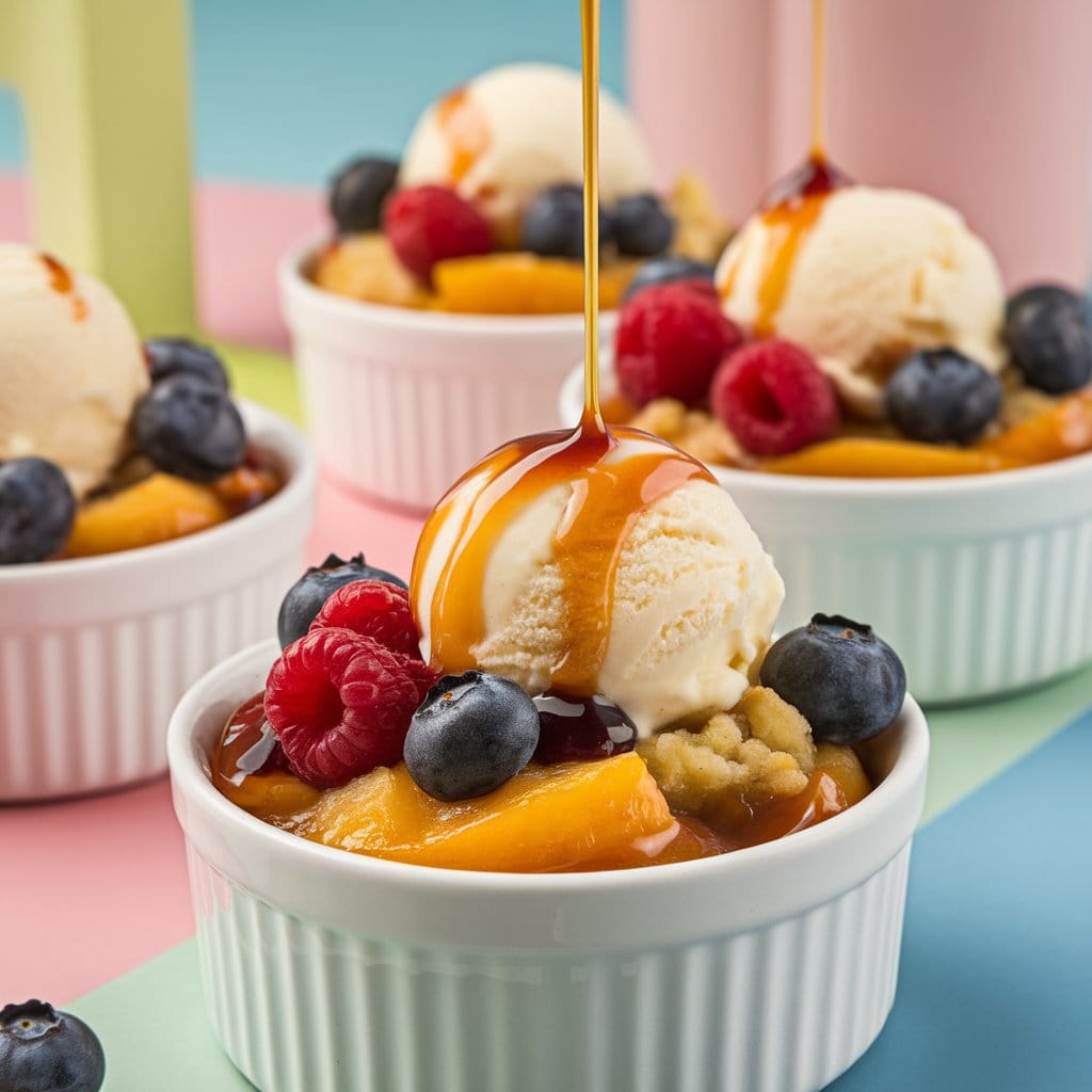 Individual peach cobbler servings in ramekins topped with vanilla ice cream, berries, and caramel drizzle.