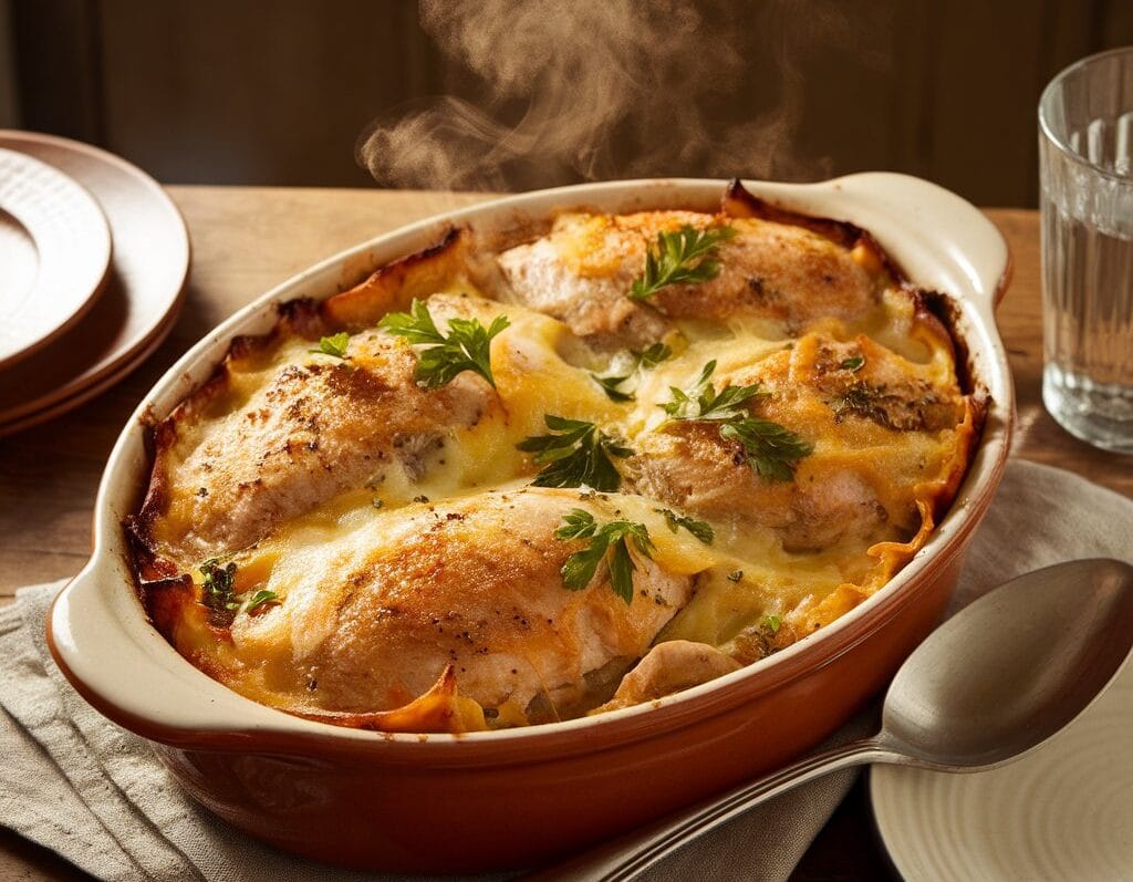 Chicken casserole recipe with a golden-brown cheesy topping, served fresh from the oven in a ceramic dish.