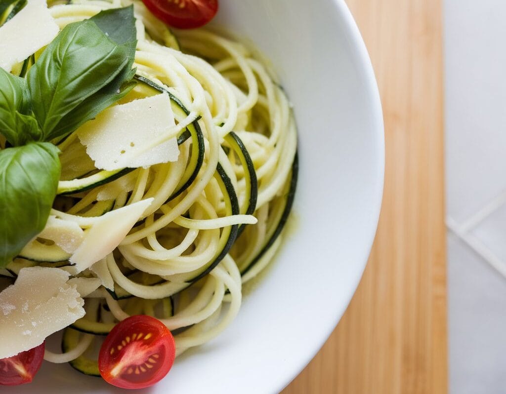 A bowl of freshly cooked zucchini noodles garnished with basil and Parmesan, a delicious low-carb pasta option.