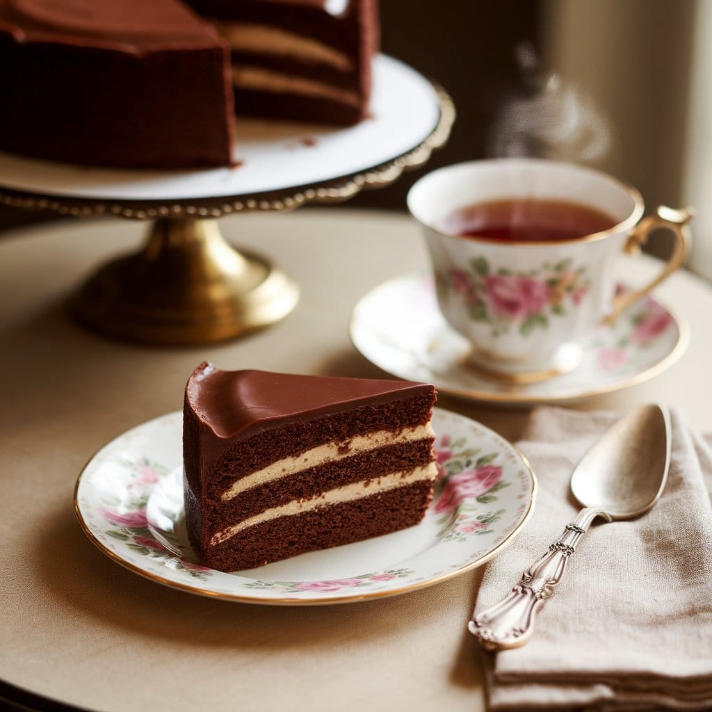 A slice of 1920’s chocolate cake on a floral plate, paired with tea and a vintage linen napkin.