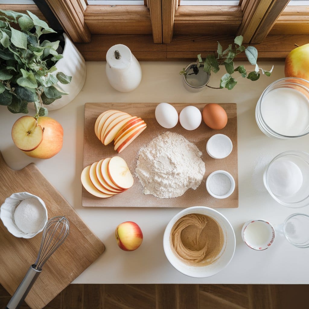  Ingredients for invisible apple cake, including sliced apples, eggs, flour, and batter, arranged on a wooden cutting board.