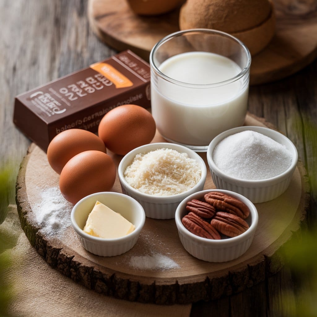 Key ingredients for Baker's German choc cake recipe, including Baker’s chocolate, eggs, buttermilk, coconut, and pecans.