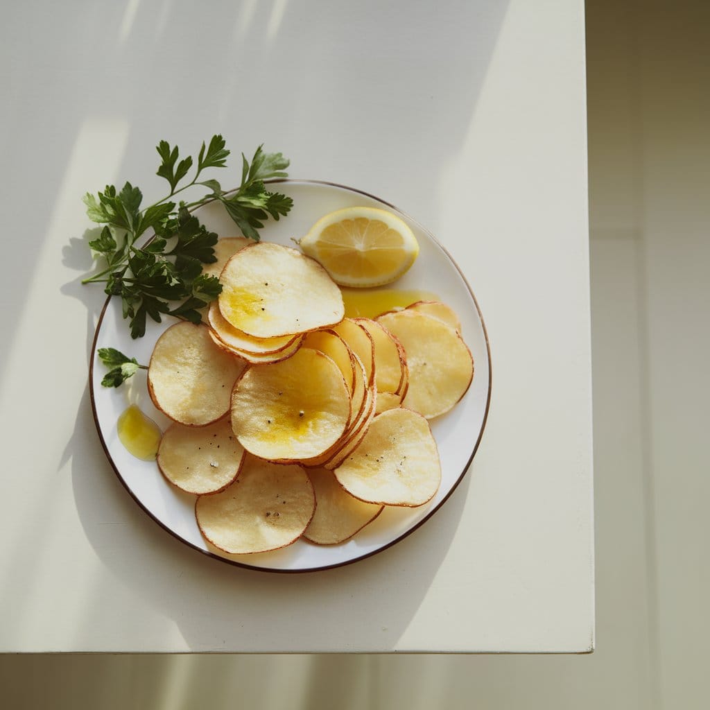 A plate of baked salt and vinegar chips garnished with fresh parsley, lemon, and olive oil, showcasing a healthier snack option.