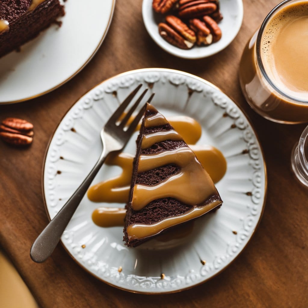 A slice of Baker’s German choc cake served with caramel drizzle and coffee, showcasing the classic dessert.