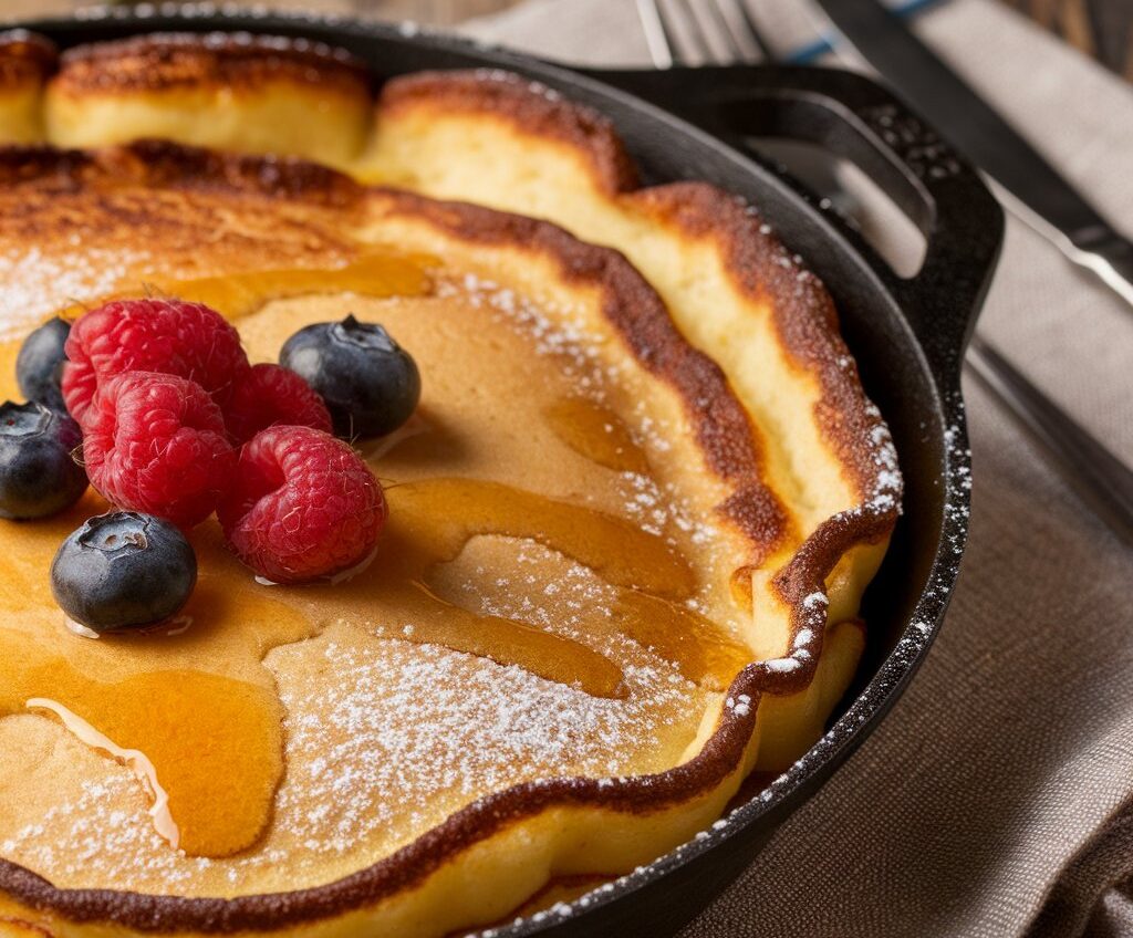 Freshly baked German pancake with golden edges, topped with powdered sugar and berries, from a German pancake recipe.