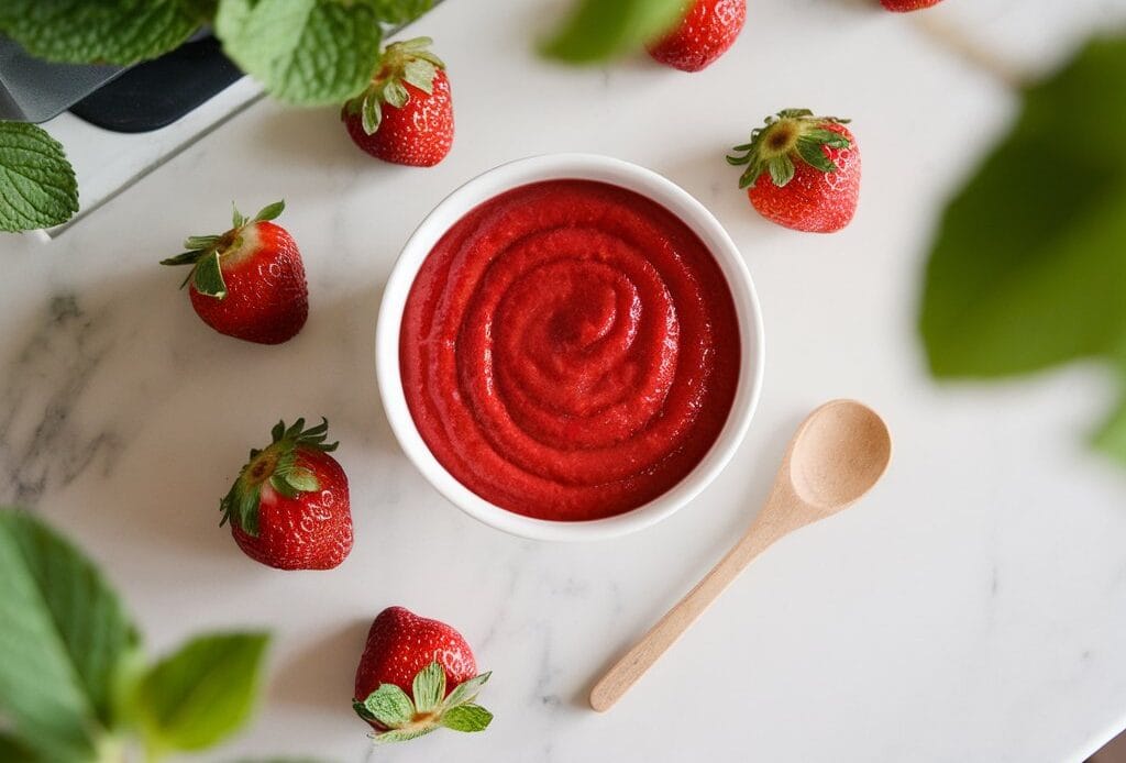 A bowl of freshly blended strawberry puree surrounded by ripe strawberries and mint leaves on a white marble counter.