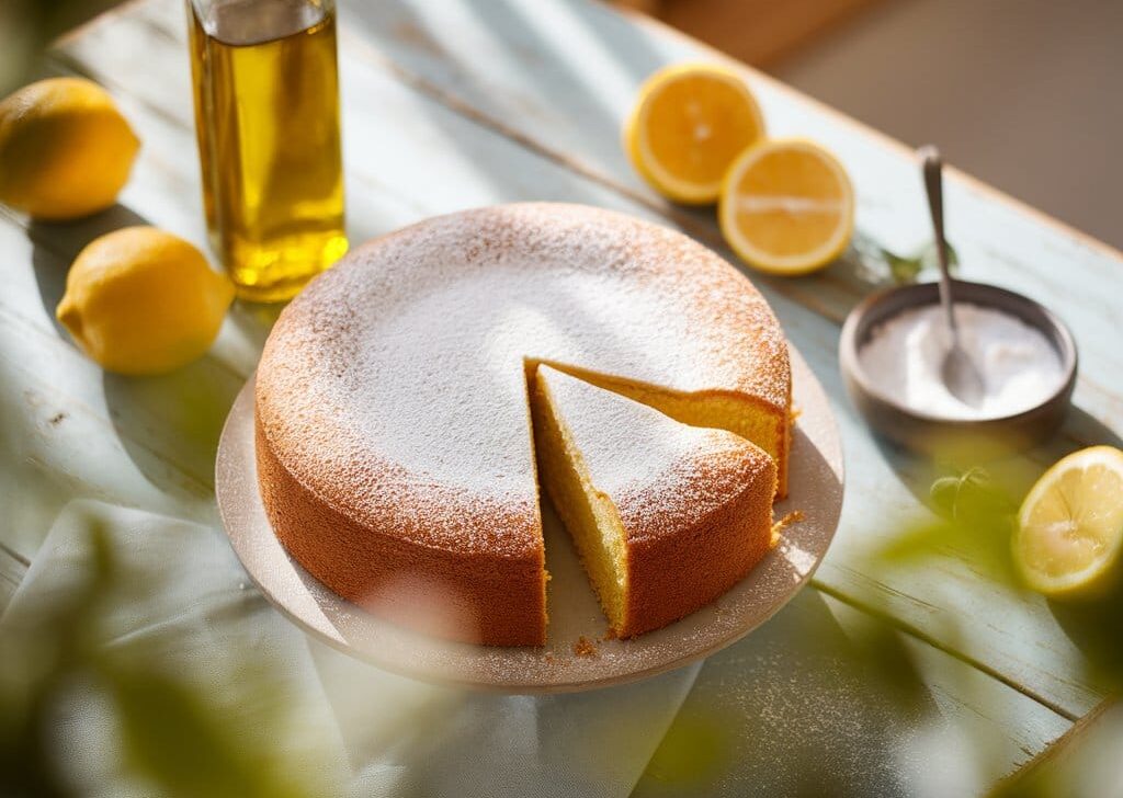 Dan Richards olive oil cake recipe featuring a moist olive oil cake dusted with powdered sugar, surrounded by lemons and olive oil.