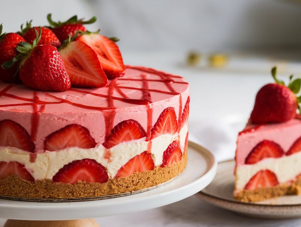 Strawberry cheesecake cake with fresh strawberries and strawberry sauce on a white cake stand with a slice served on a plate.