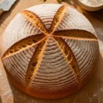 A freshly baked stottie cake, golden brown, dusted with flour, on a wooden cutting board in a rustic kitchen setting.