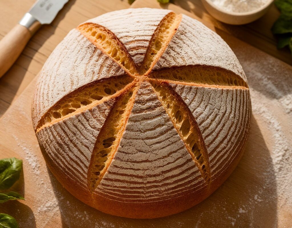 A freshly baked stottie cake, golden brown, dusted with flour, on a wooden cutting board in a rustic kitchen setting.