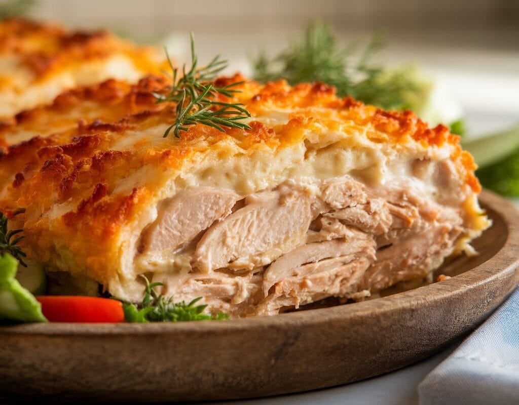 Golden, crispy Costco chicken bake with a creamy interior, served on a rustic wooden plate, showing fresh ingredients.