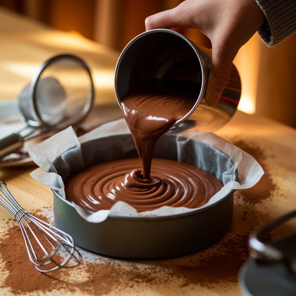 Chocolate batter being poured into a cake pan for Grandma’s Devil Food Cake Recipe, surrounded by baking tools on a wooden counter.