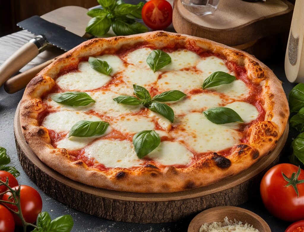 A freshly baked Margherita pizza with golden crust, melted cheese, and fresh basil leaves on a rustic wooden board.