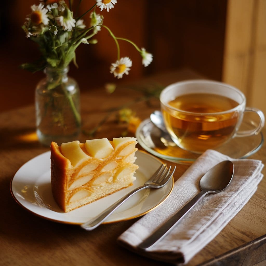 A slice of invisible apple cake served with a cup of chamomile tea on a cozy wooden table.