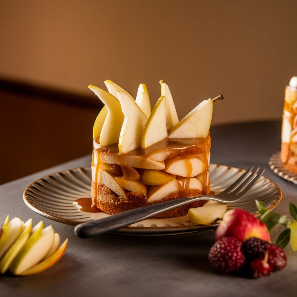  A variation of invisible apple cake with pears and apples, topped with caramel drizzle, served on a plate with fresh fruit.