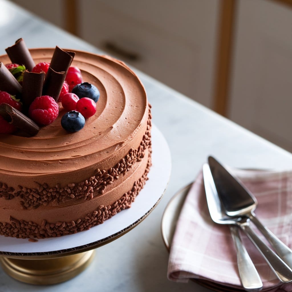 A beautifully frosted chocolate cake from John Kanell cake recipes, topped with berries and chocolate shavings on a cake stand.