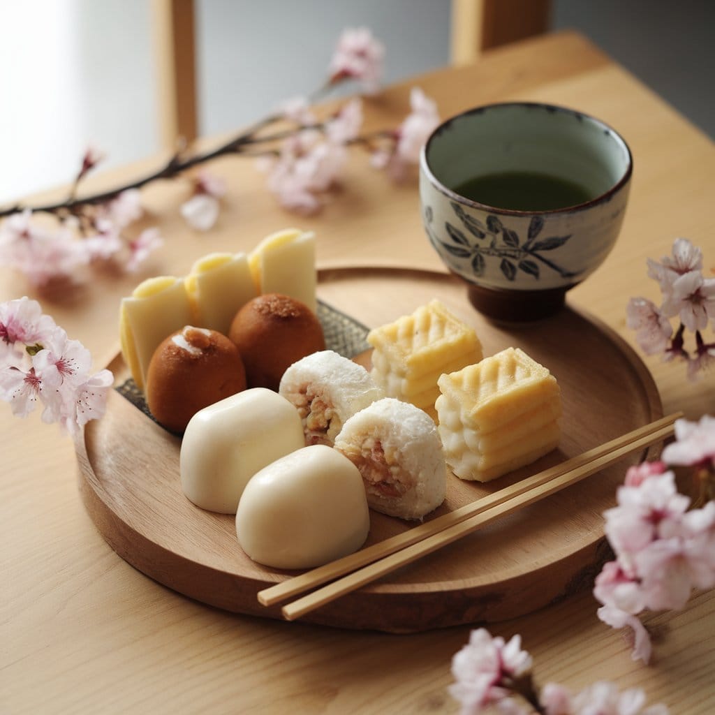 A beautifully arranged selection of Japanese desserts, including mochi, dorayaki, and taiyaki, with matcha tea and cherry blossoms.