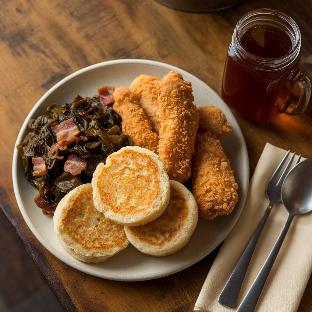 Hoe cakes served with fried chicken, collard greens, and sweet tea, showcasing the versatility of the recipe for hoe cakes.