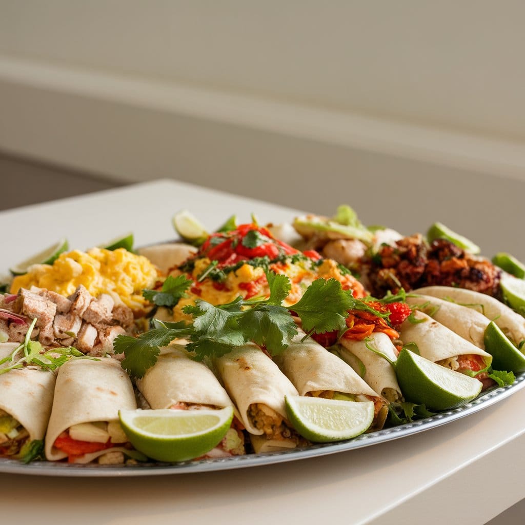 A platter of colorful baleadas with various toppings, including scrambled eggs, chicken, and fresh vegetables.