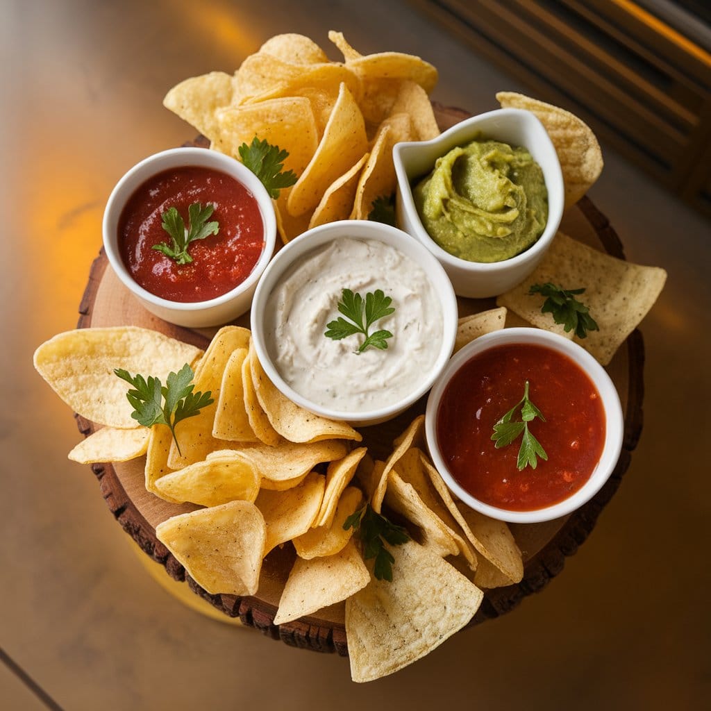 Salt and vinegar chips on a wooden serving board, paired with ranch dip, guacamole, and salsa, garnished with parsley.