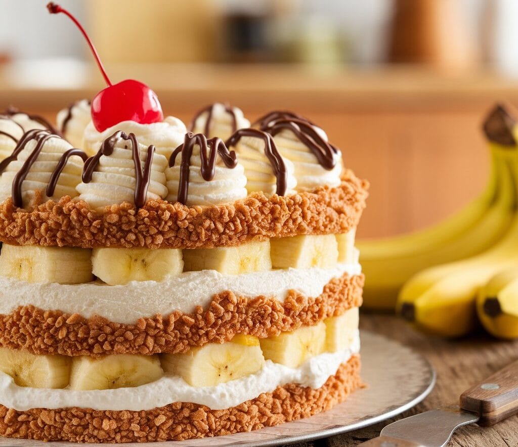 A beautifully layered banana split cake recipe topped with whipped cream, chocolate drizzle, and cherries on a rustic table.