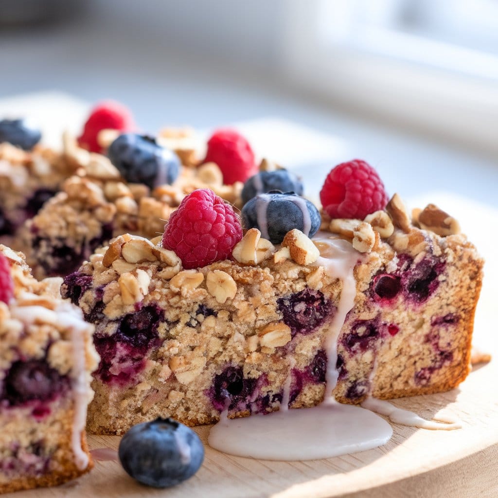 Coffee cake slices with oatmeal streusel topped with fresh blueberries, raspberries, and chopped nuts on a wooden board.