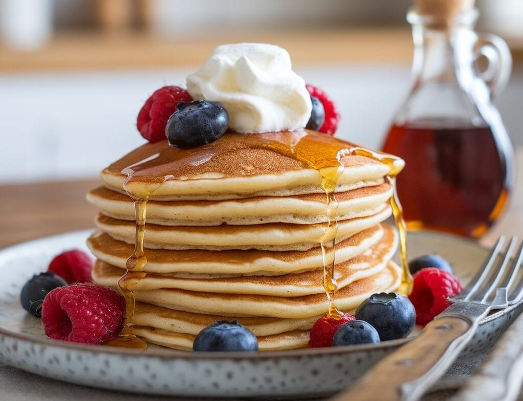 Stack of Kodiak Cakes pancakes topped with fresh berries and maple syrup for a healthy breakfast recipe.