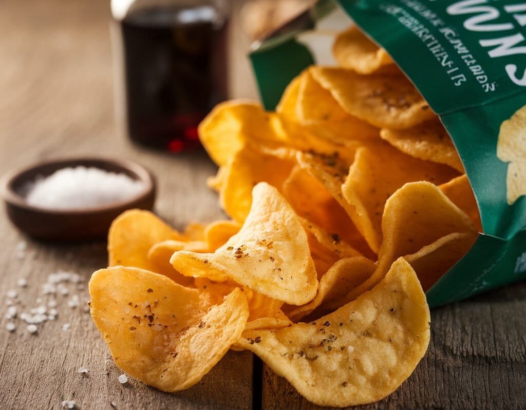 Close-up of salt and vinegar chips spilling from a bag onto a wooden surface, with a vinegar bottle and sea salt nearby.