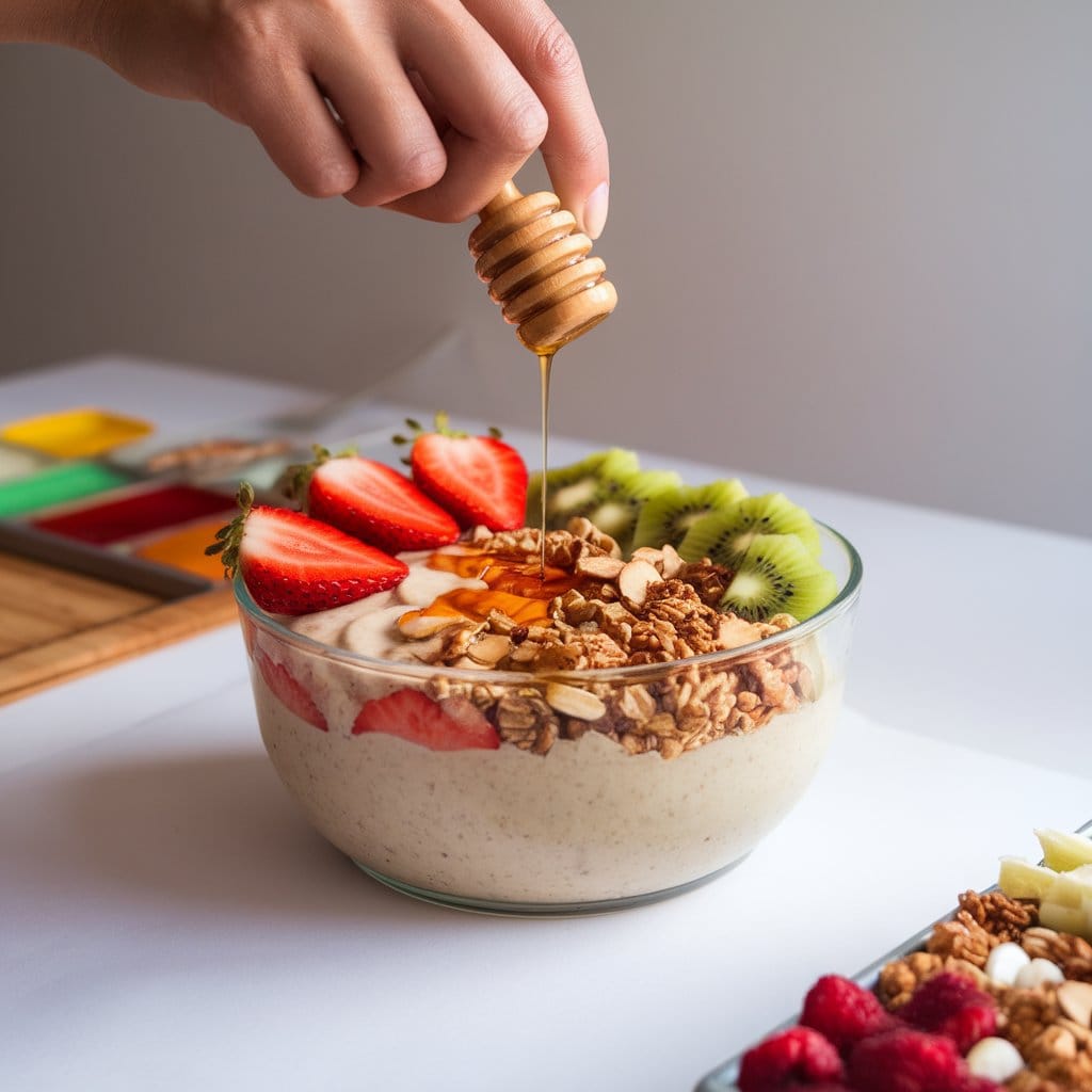 A customizable vitality bowl topped with fresh fruits, granola, and almond butter, with a hand drizzling honey for extra flavor.