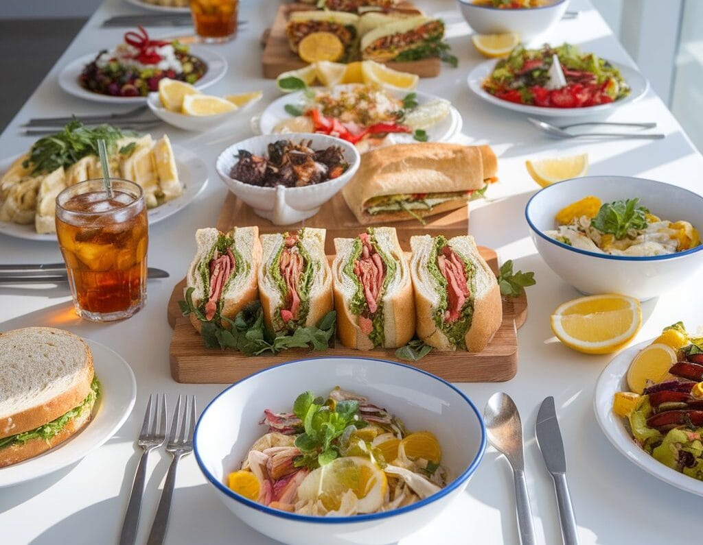 A vibrant table spread featuring a variety of lunch ideas recipes like salads, sandwiches, and pasta bowls, styled with fresh garnishes.