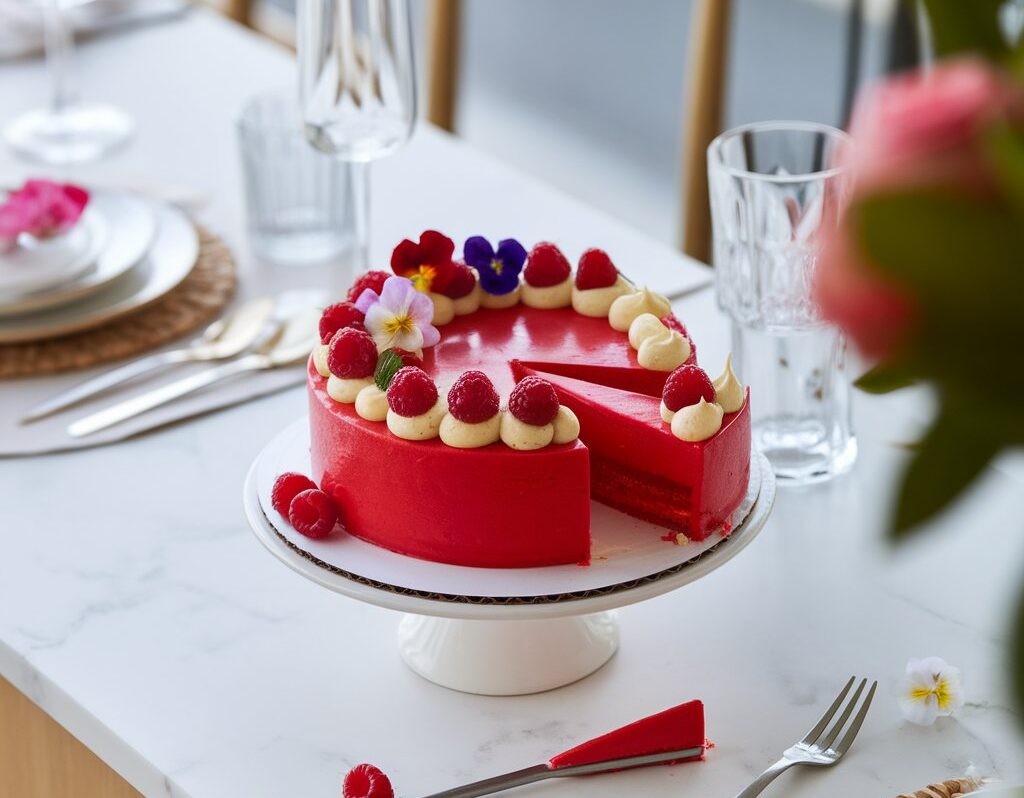 Close-up of a beautifully baked red cake with cream cheese frosting, topped with fresh raspberries and edible flowers.